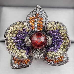 Amethyst - Citrine- Diamond 925 Sterling Silver Bead Flower Statement Ring